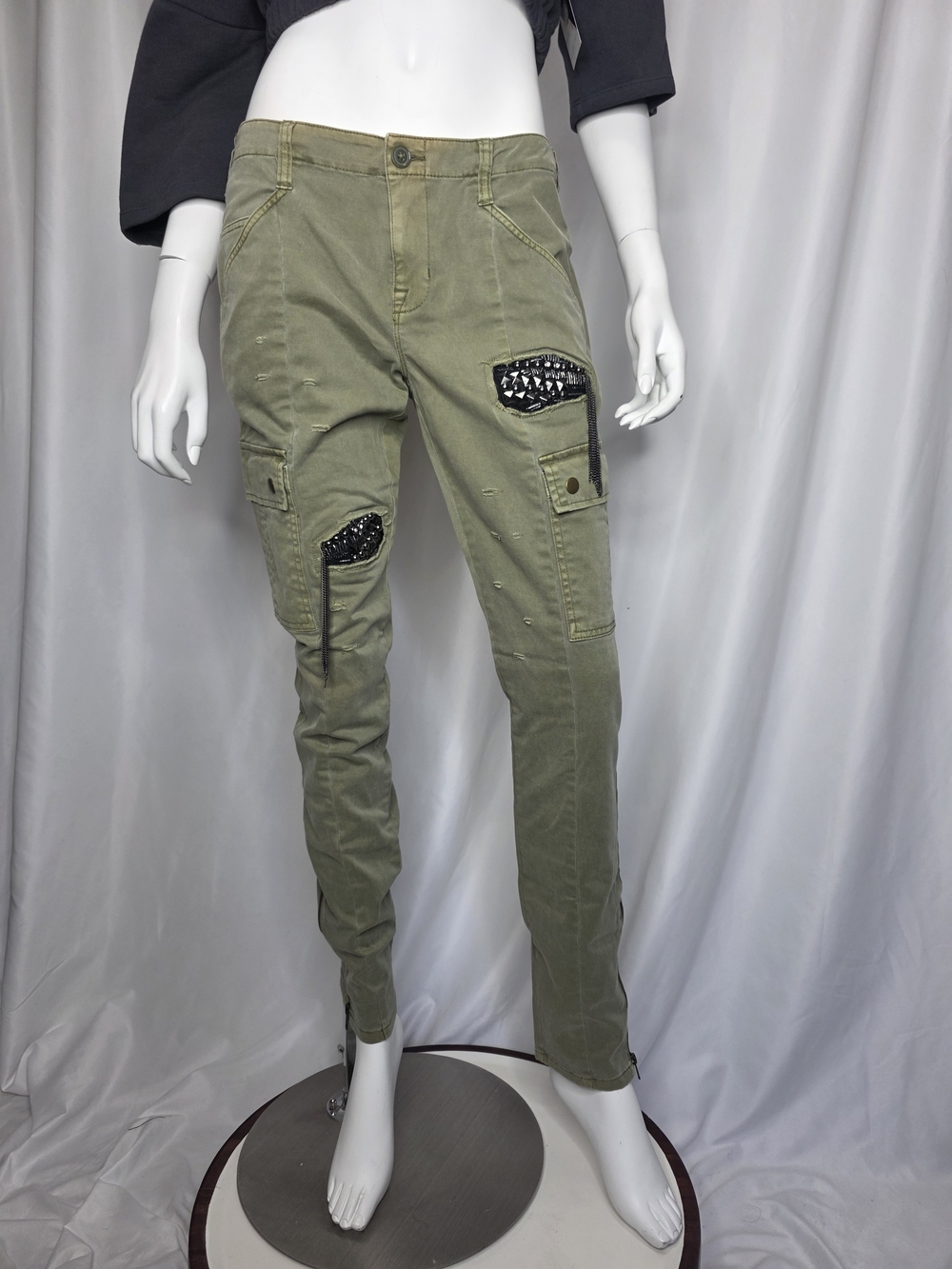 VS London Jean Olive Green Cargo Skinny Pants with Black Studded Patches